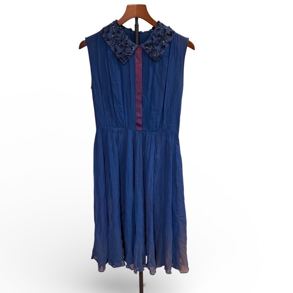 Vtg 40/50s Blue Sleeveless Midi Dress Fairy Sequin Collar Talon Zipper Pleated S